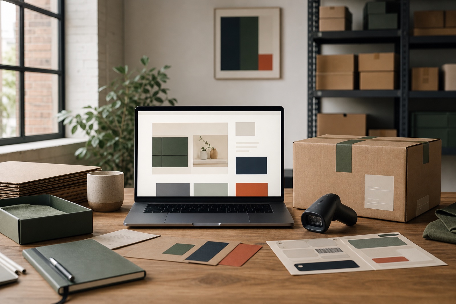 A commerce strategy workspace with a storefront interface, shipping materials, and inventory equipment