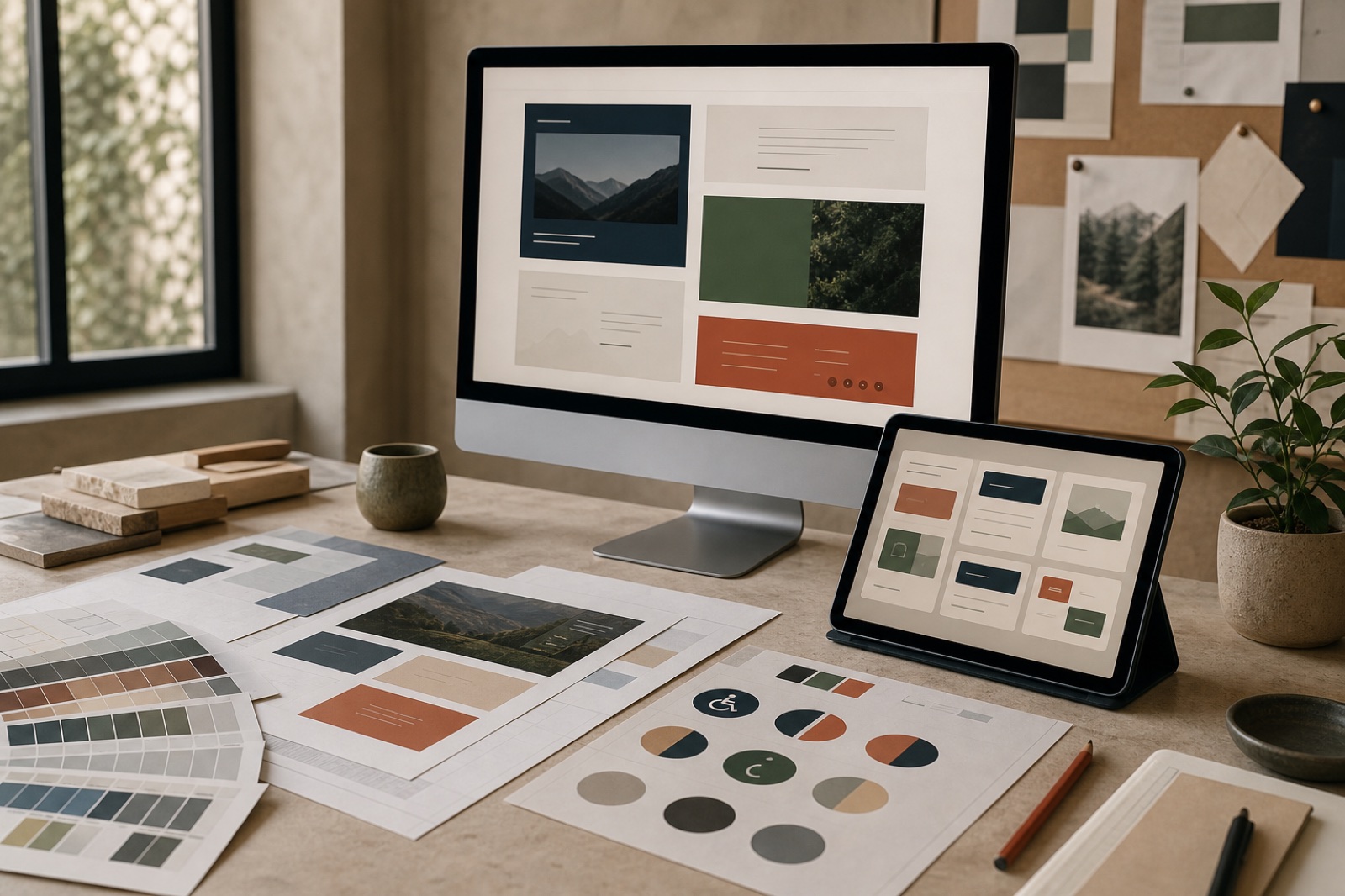A digital experience studio with responsive website layouts, content modules, and accessibility studies