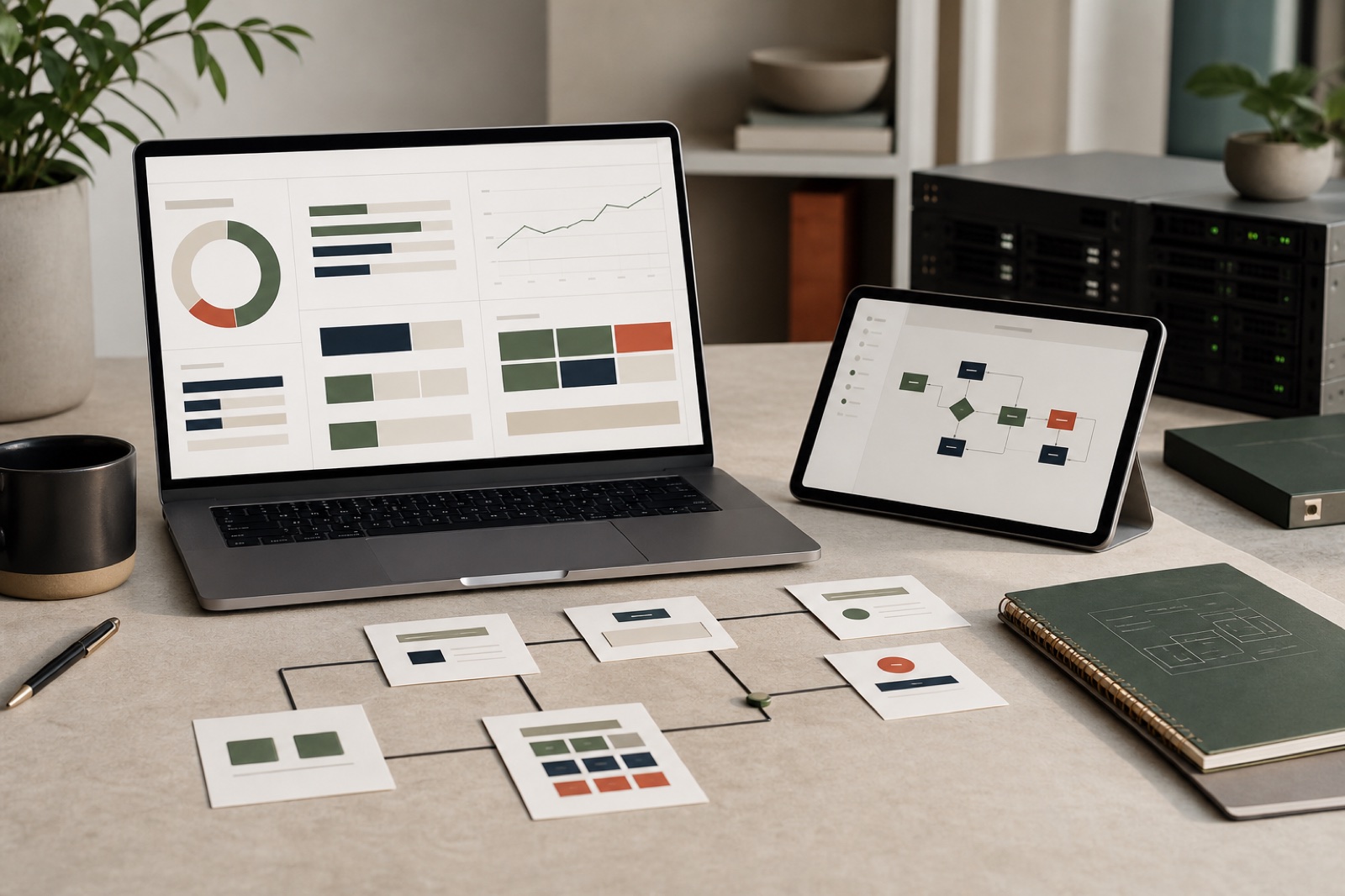 A systems planning workspace with operational dashboards, workflow diagrams, and connected application screens